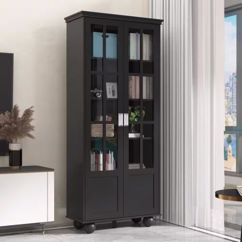 None 72.3 in. Black 5-Tier Shelves Standard Bookcase with Ball-Shape Legs