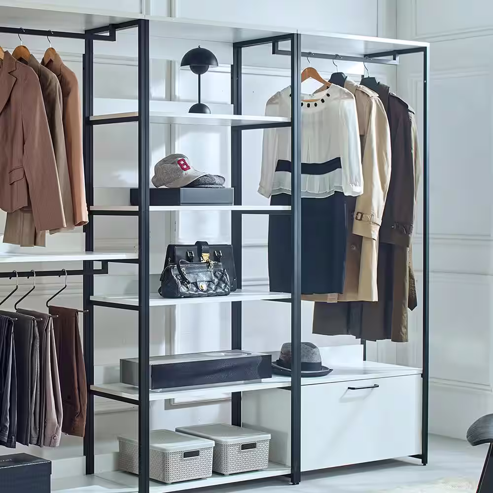None Fiona 96 in. W White Freestanding Walk in Wood Closet System with Metal Frame