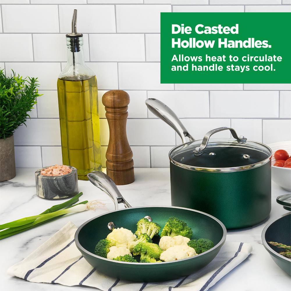 GRANITESTONE Emerald Green10-Piece Aluminum Ultra-Durable Non-Stick Diamond Infused Cookware Set with Glass Lids