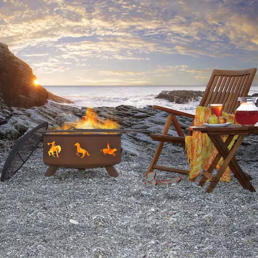 None Western 29 in. x 18 in. Round Steel Wood Burning Fire Pit in Rust with Grill Poker Spark Screen and Cover