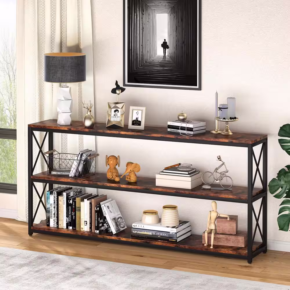 TRIBESIGNS WAY TO ORIGIN Bulgari 70.89 in. Rustic Brown Wood Console Table Sofa Table with 3-Open Storage Shelves