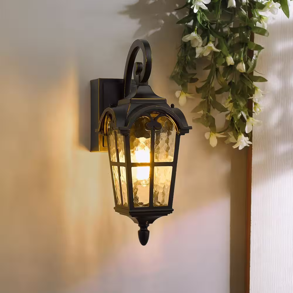 JAZAVA 17.3 in. 1-Light Black Hardwired Outdoor Wall Lantern Sconce with Built-in GFCI Outlet Light 1-Pack