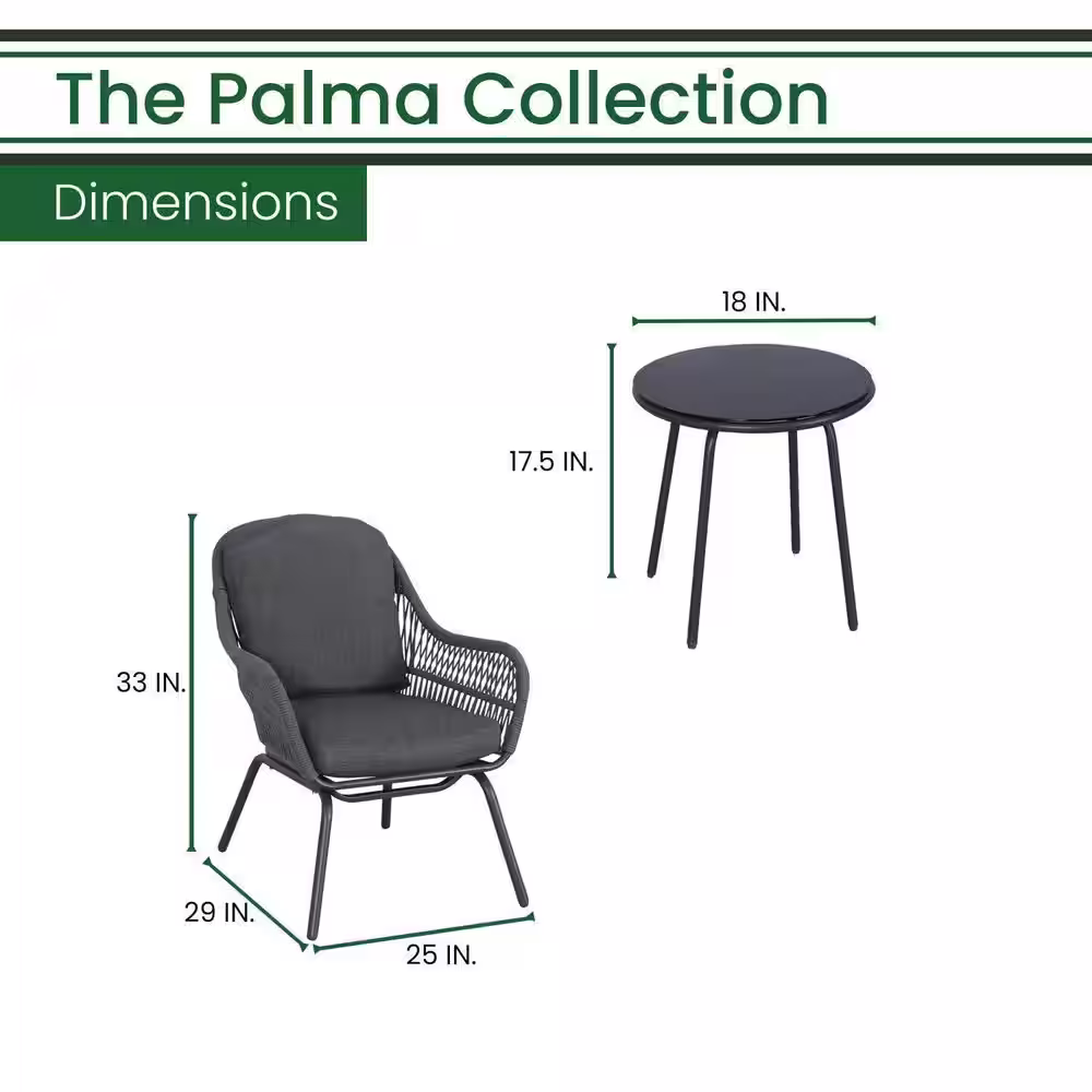 Hanover Palma 3-Piece Metal Outdoor Bistro Chat Set with 2 Rope Chairs, Gray Cushions and Black Painted Glass-Top Side Table