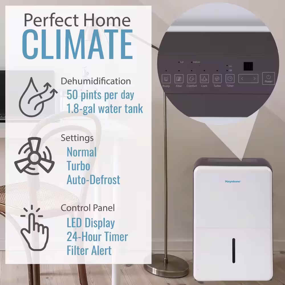 Keystone Energy Star 50-Pint Dehumidifier for Upto 4500 sq. ft. Built-In Pump LED Display Timer Portable w/Wheels Auto-Shutoff