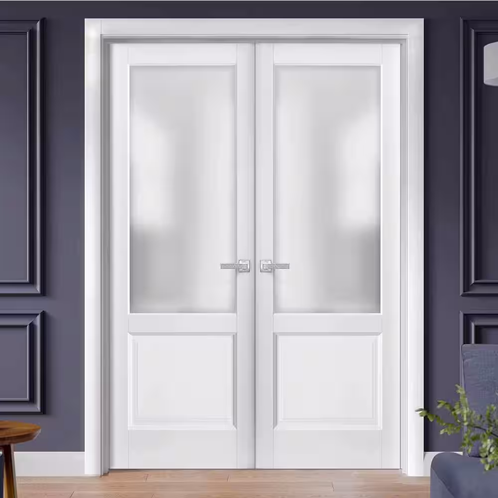 Sartodoors 1422 48 in. x 96 in. Universal Handling Frosted Glass Solid Core White Finished Pine Wood Interior Door Slab