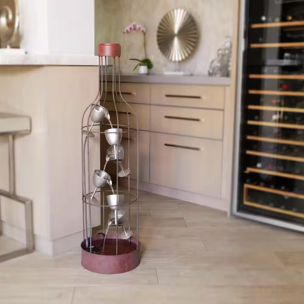Alpine Corporation 44 in. Tall Indoor/Outdoor Bottle Shaped Water Fountain with Tiering Wine Glasses