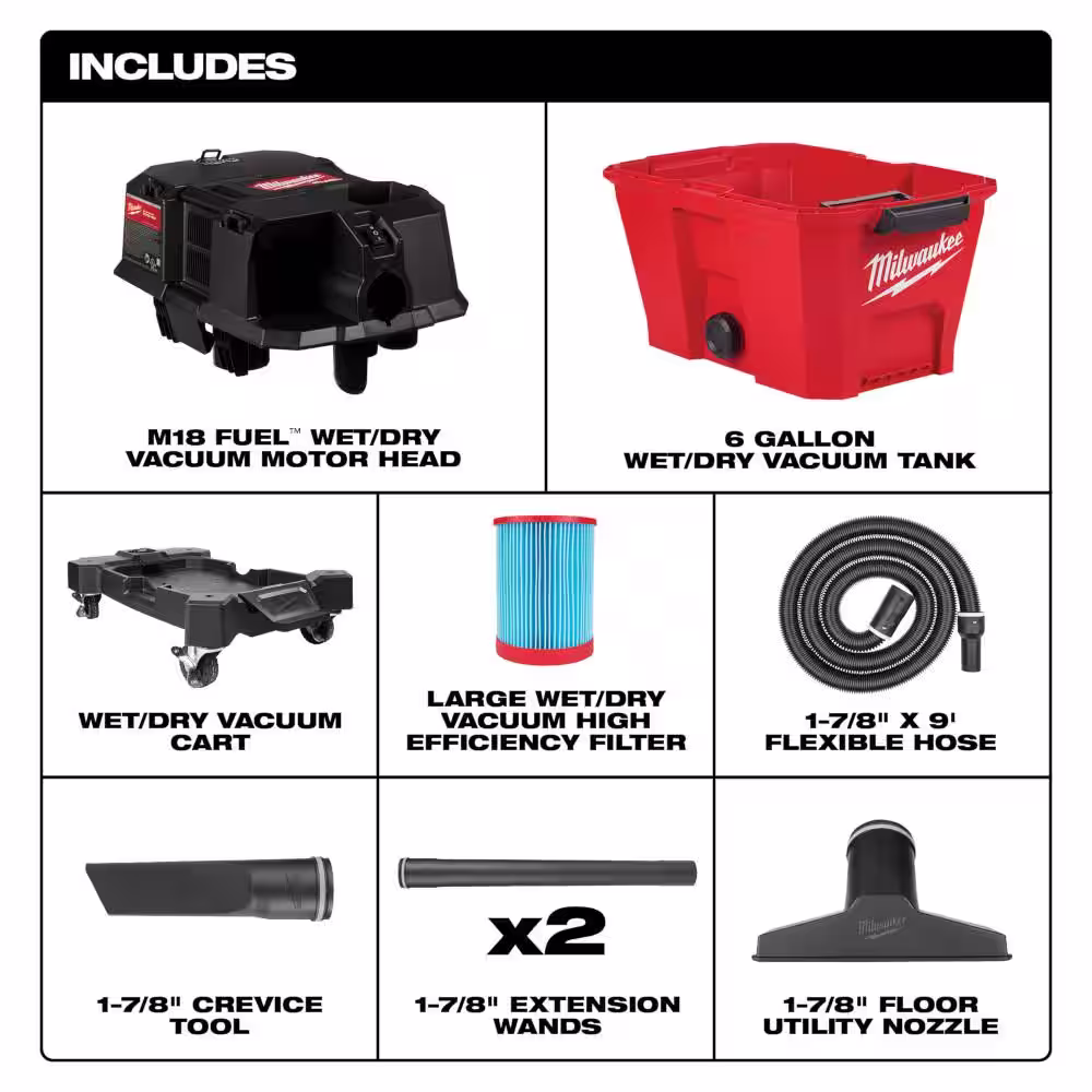 Milwaukee M18 FUEL 6 Gal. Cordless Wet/Dry Shop Vac W/Filter, Hose and Extra High Efficiency Filter