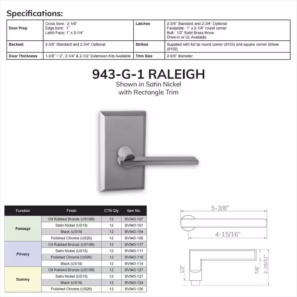 None Bravura Raleigh 943G-1 Privacy (Bed/Bath) Door Lever Satin Nickel w/ Rectangle Trim