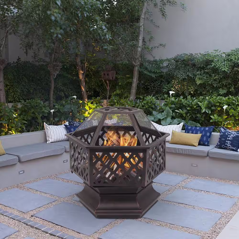 None 22 in. W x 22.4 in. H Hexagonal Metal Wood Burning Fire Pit in Black