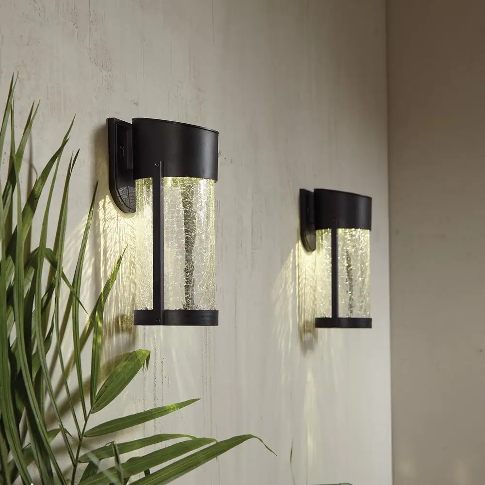 Hampton Bay 2-Light Black LED Outdoor Solar Wall Lantern Light with Glass