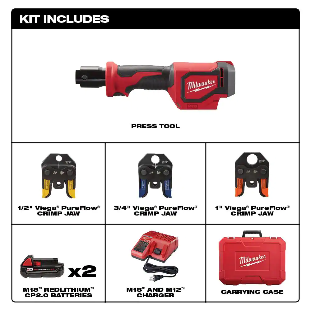 Milwaukee M18 18-Volt Lithium-Ion Cordless Short Throw PEX Press Tool Kit with 3 in. Viega PureFlow Jaws and Hackzall