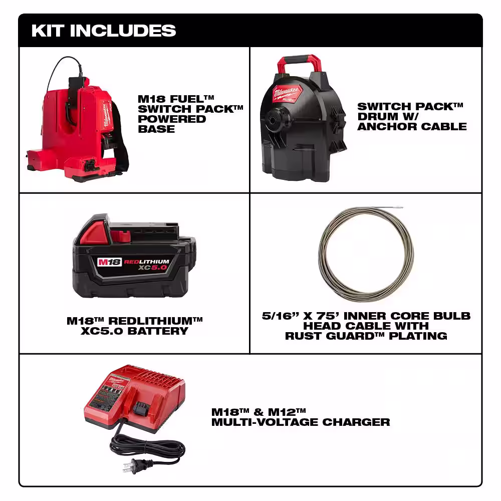 Milwaukee M18 Fuel 18-Volt Lithium-Ion Brushless Cordless Drain Cleaning 5/16 in. Switch Pack Sectional Drum System Kit
