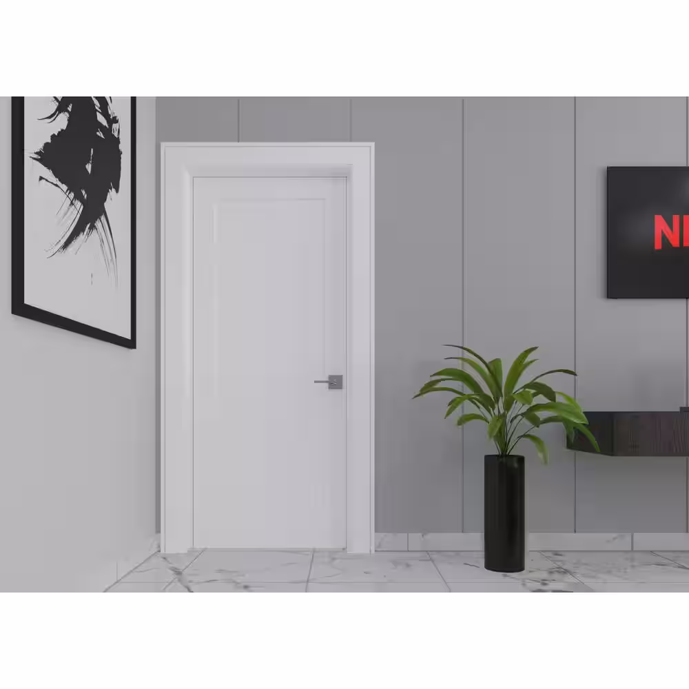 RESO 32 in. x 80 in. Left-Handed Solid Core White Primed Smooth Composite Single Prehung Interior Door Satin Nickel Hinges