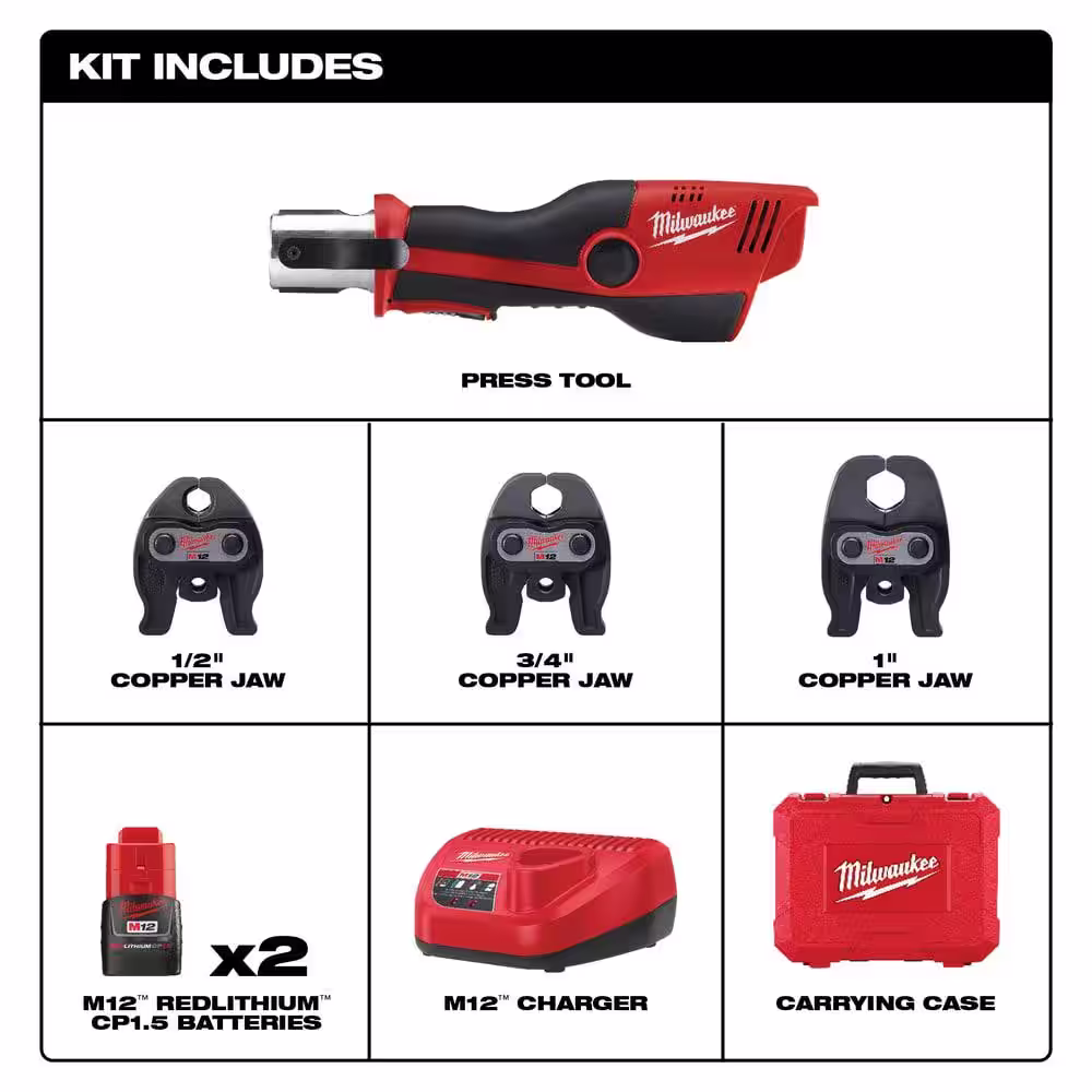 Milwaukee M12 12-Volt Lithium-Ion Force Logic Cordless Press Tool Kit (3 Jaws Included) with Free M12 Copper Tubing Cutter Kit