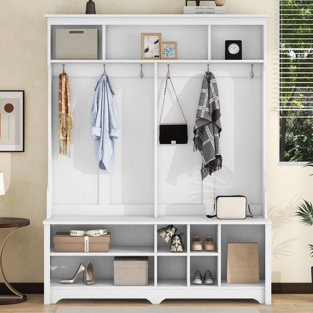 Magic Home Multi-Functional Hallway Hall Tree Storage Cabinet with 6 Metal Hooks, Entryway Coat Rack, Shoe Cubbies, White
